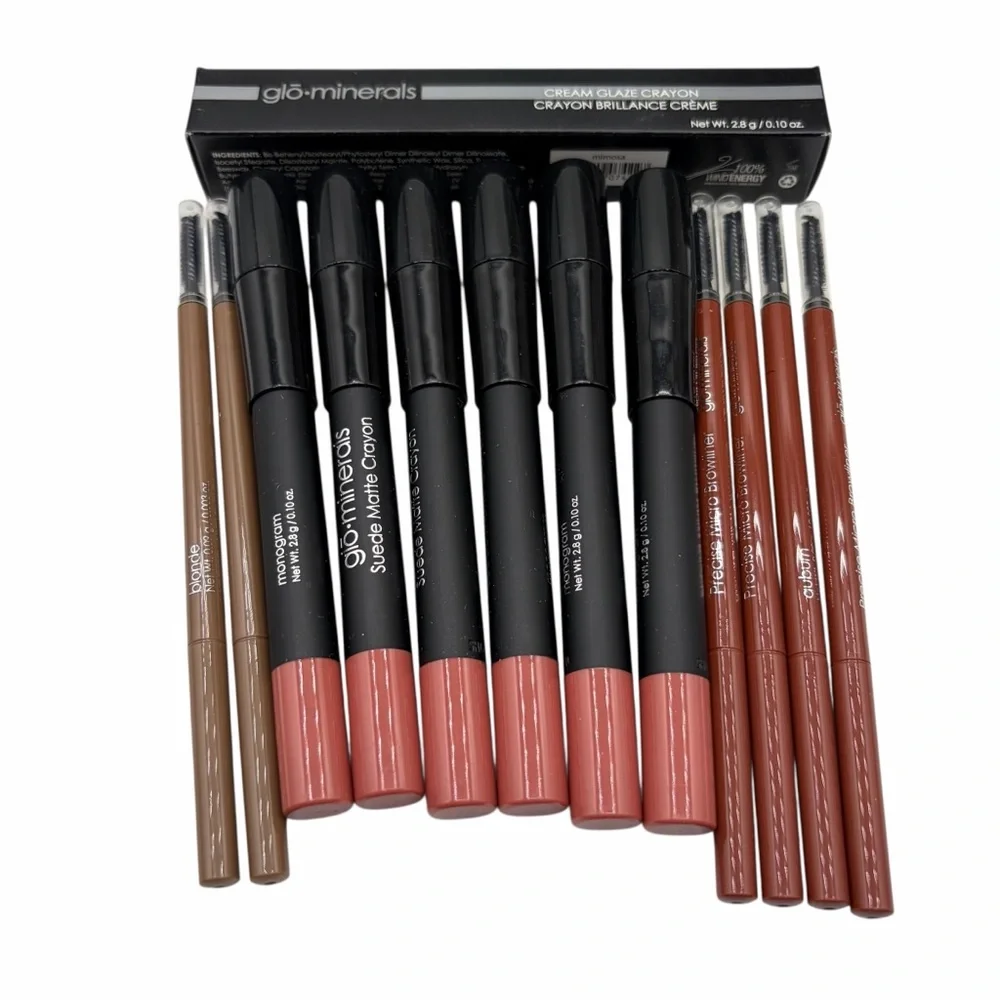 GLO MINERALS MAKEUP BUNDLE – SUEDE MATTE LIP CRAYONS & BROW DEFINERS (LOT#47)